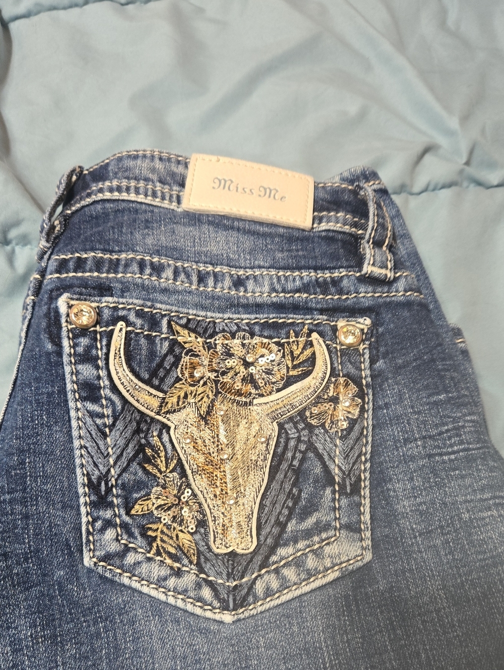 Miss Me Blue Denim Boot Cut Jeans with Gold Embroidered Steer Pocket